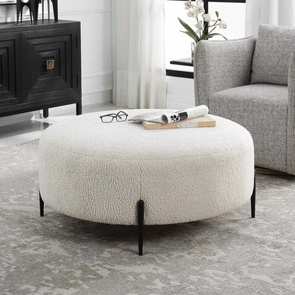 Arles Plush Ottoman by Uttermost in white and satin black. Made from hardwood, metal, plywood, fabric, foam in a modern style.