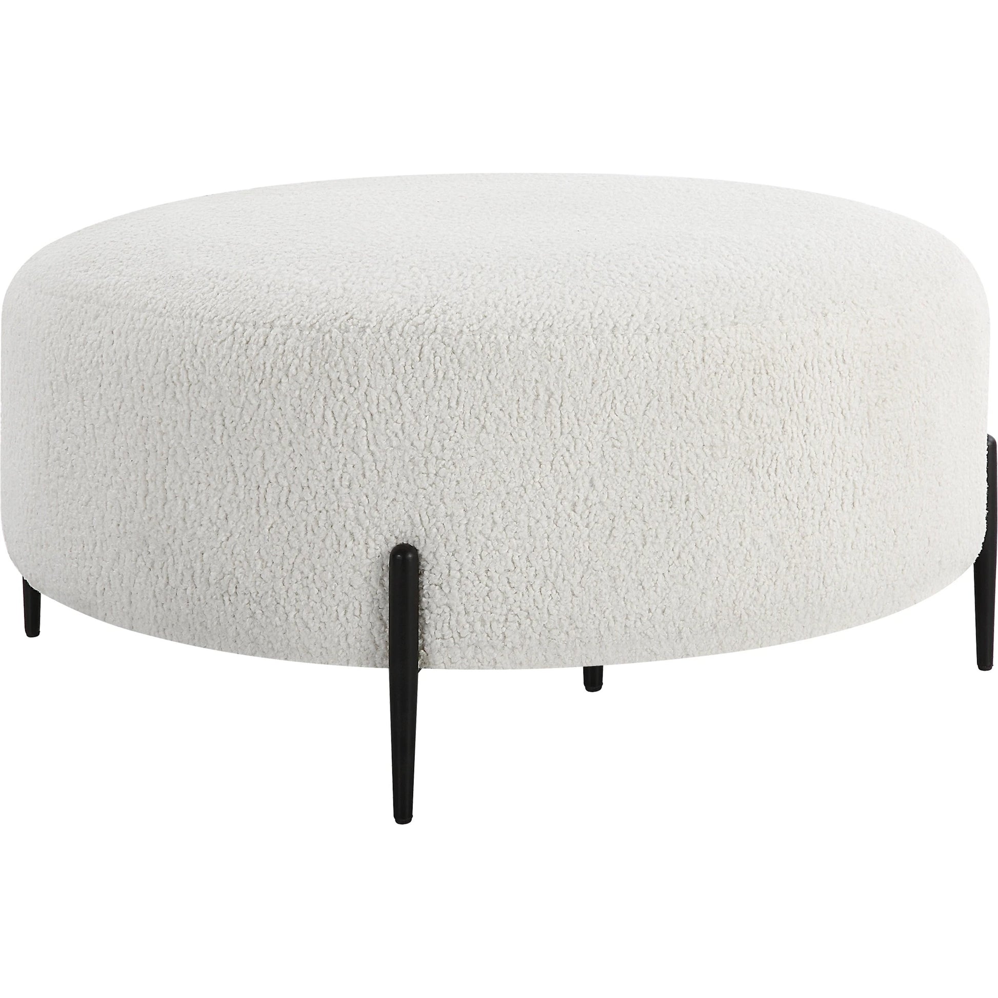 Arles Plush Ottoman by Uttermost in white and satin black. Made from hardwood, metal, plywood, fabric, foam in a modern style.