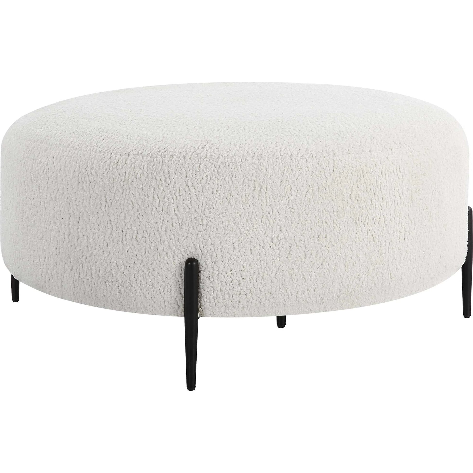 Arles Plush Ottoman by Uttermost in white and satin black. Made from hardwood, metal, plywood, fabric, foam in a modern style.
