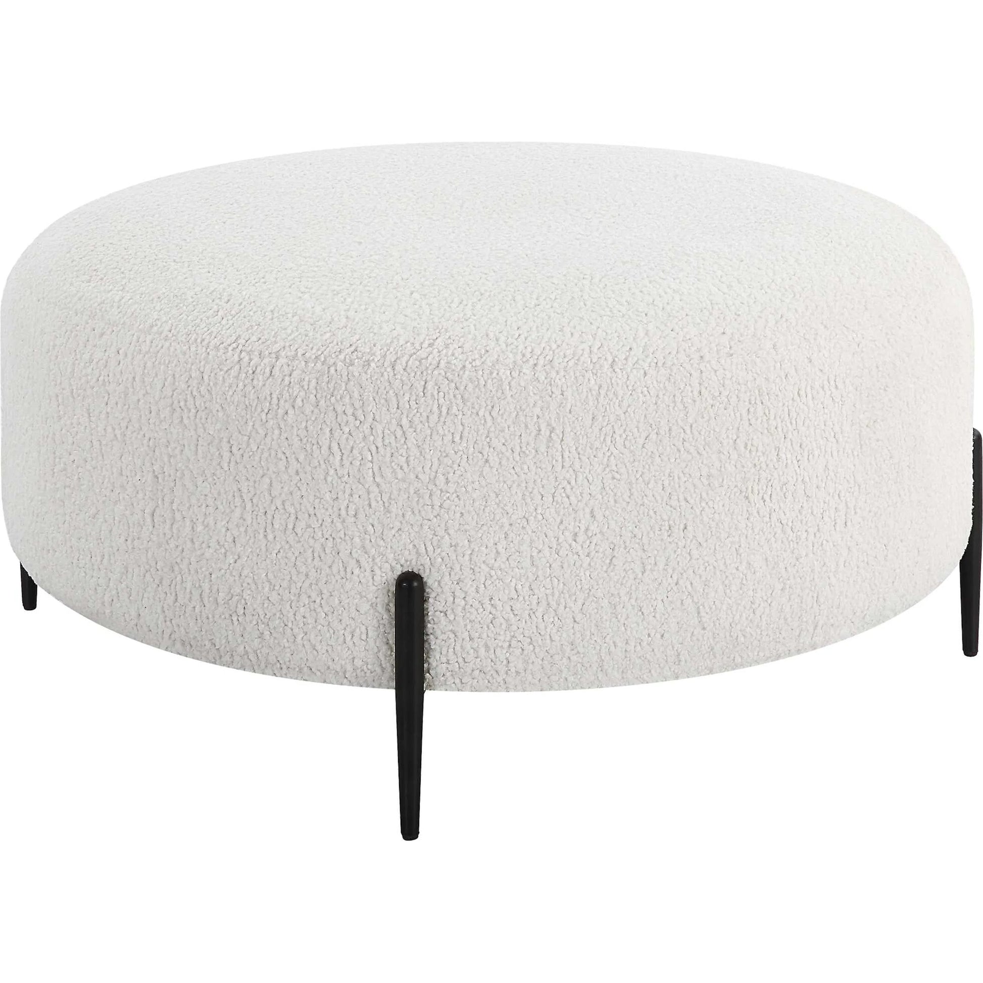 Arles Plush Ottoman by Uttermost in white and satin black. Made from hardwood, metal, plywood, fabric, foam in a modern style.