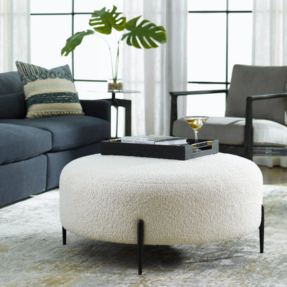 Arles Plush Ottoman by Uttermost in white and satin black. Made from hardwood, metal, plywood, fabric, foam in a modern style.