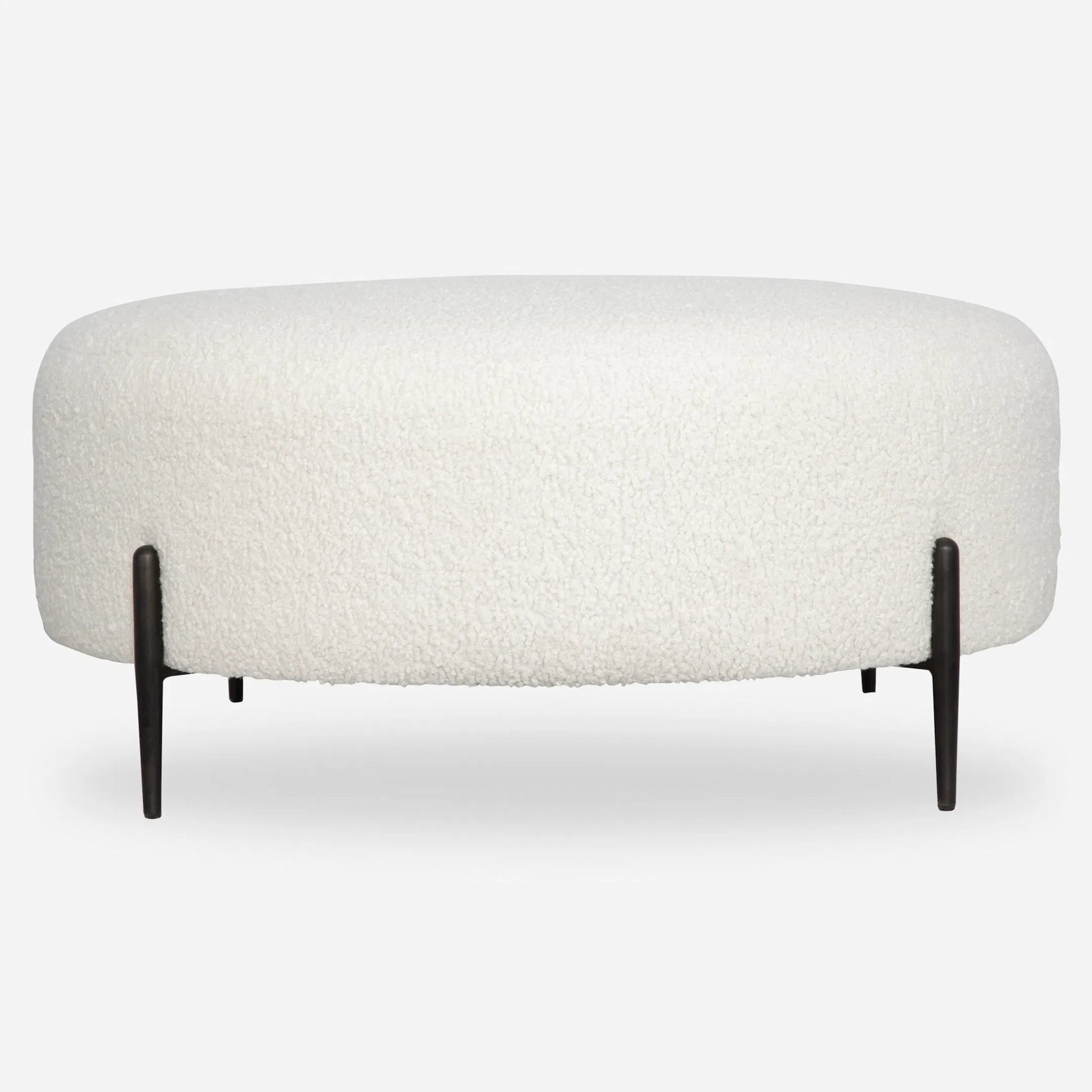 Arles Plush Ottoman by Uttermost in white and satin black. Made from hardwood, metal, plywood, fabric, foam in a modern style.
