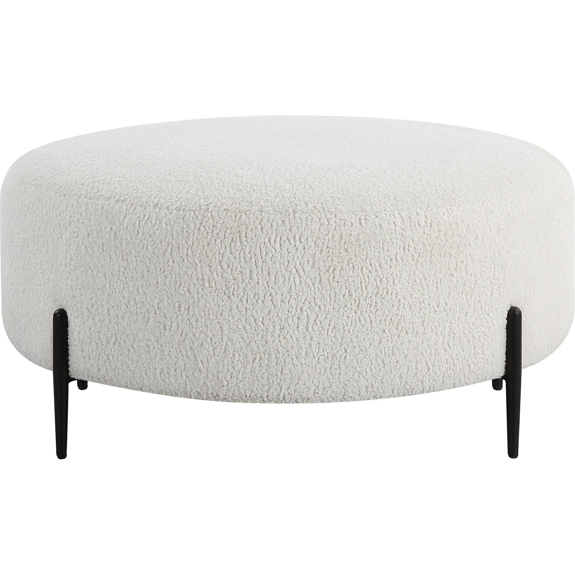 Arles Plush Ottoman by Uttermost in white and satin black. Made from hardwood, metal, plywood, fabric, foam in a modern style.
