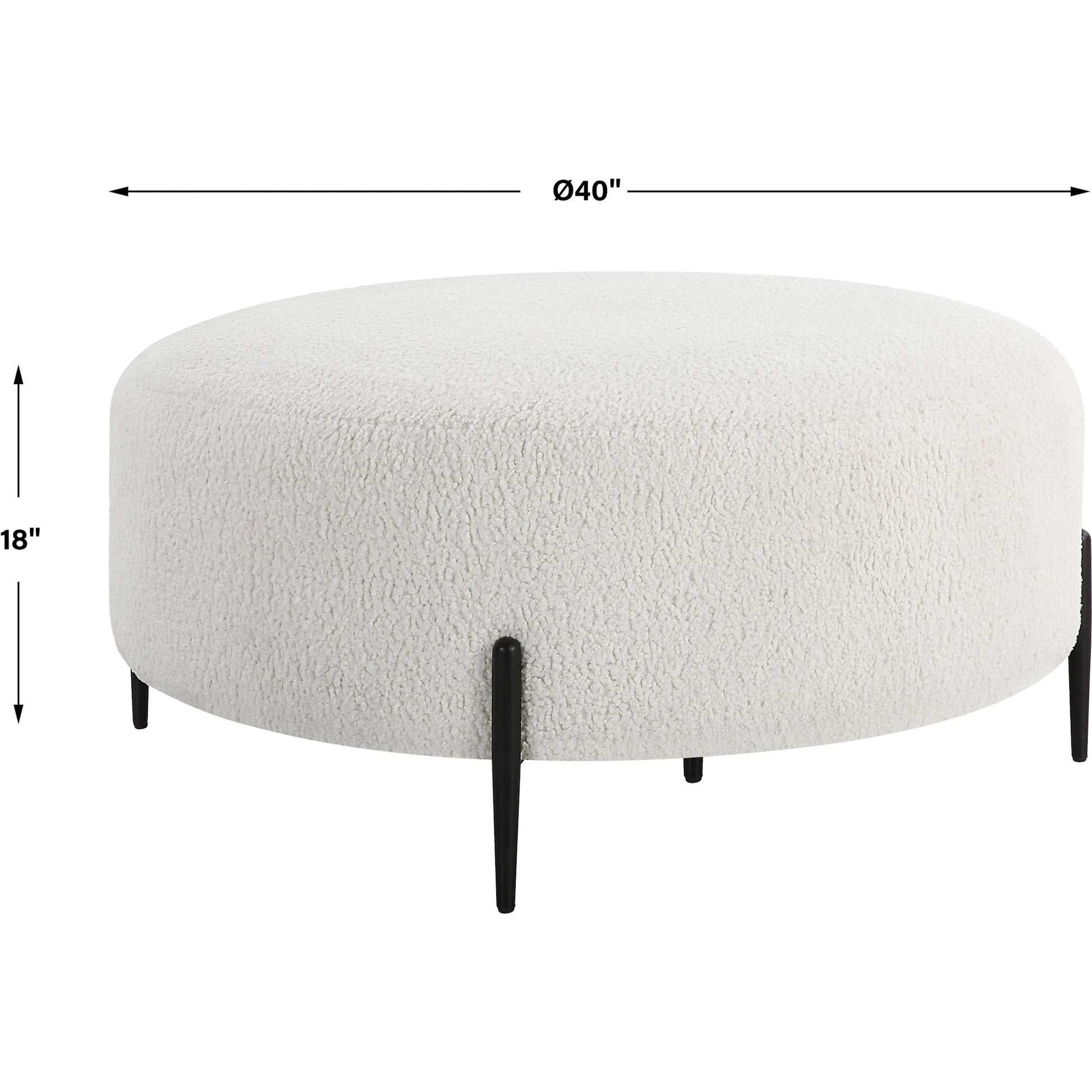 Arles Plush Ottoman by Uttermost in white and satin black. Made from hardwood, metal, plywood, fabric, foam in a modern style.
