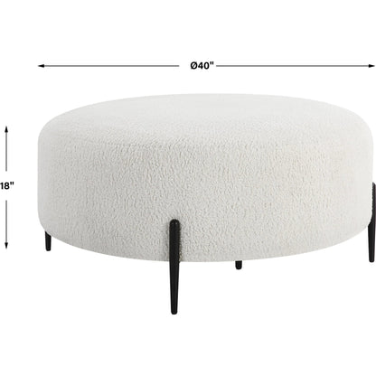 Arles Plush Ottoman by Uttermost in white and satin black. Made from hardwood, metal, plywood, fabric, foam in a modern style.