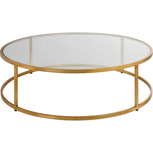 Radius Coffee Table by Uttermost in gold. Made from metal, glass in a modern style.