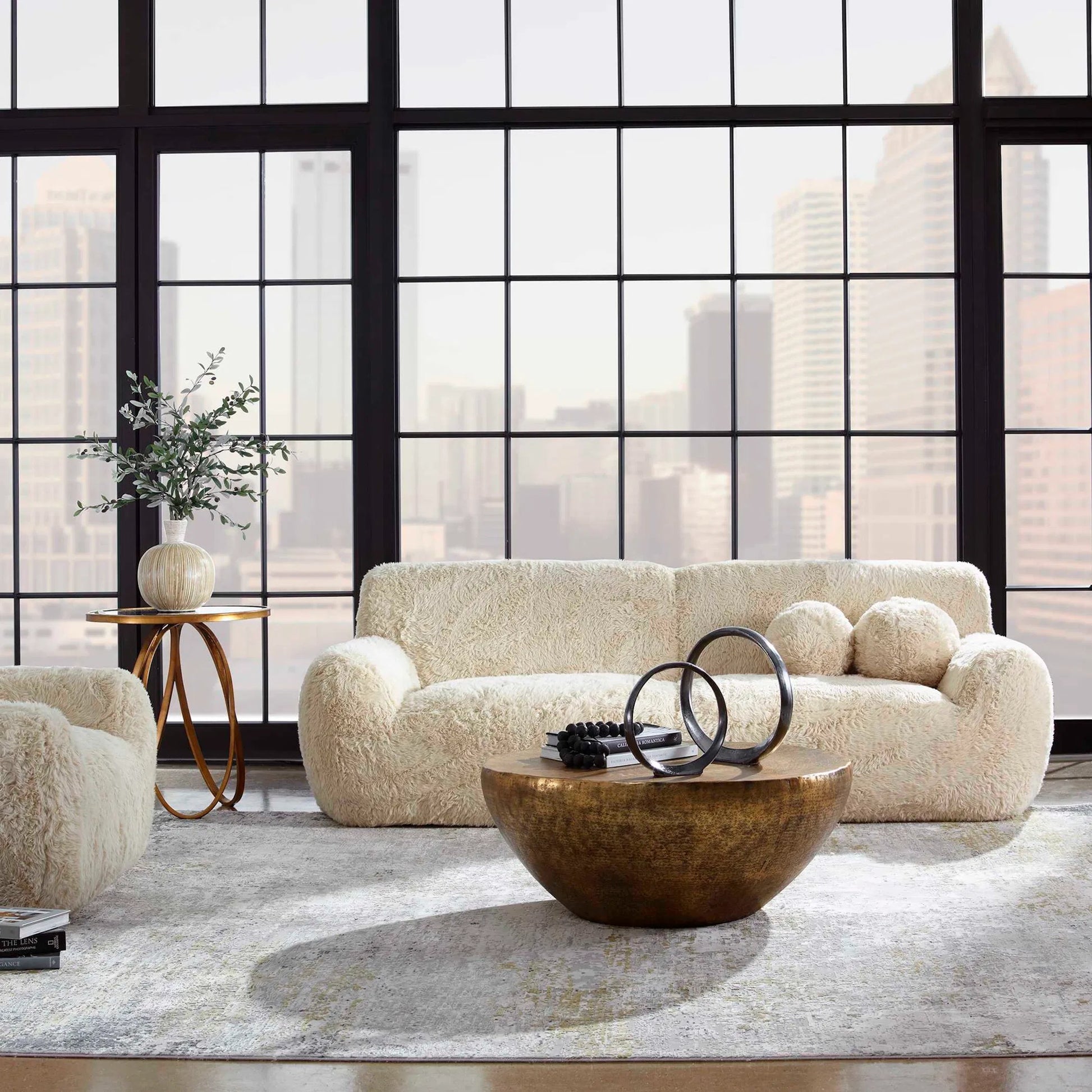 Abide Rounded Sheepskin Sofa by Uttermost in caramel. Made from oak, foam, fabric, plywood in a modern style.