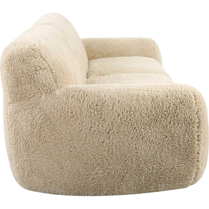 Abide Rounded Sheepskin Sofa by Uttermost in caramel. Made from oak, foam, fabric, plywood in a modern style.