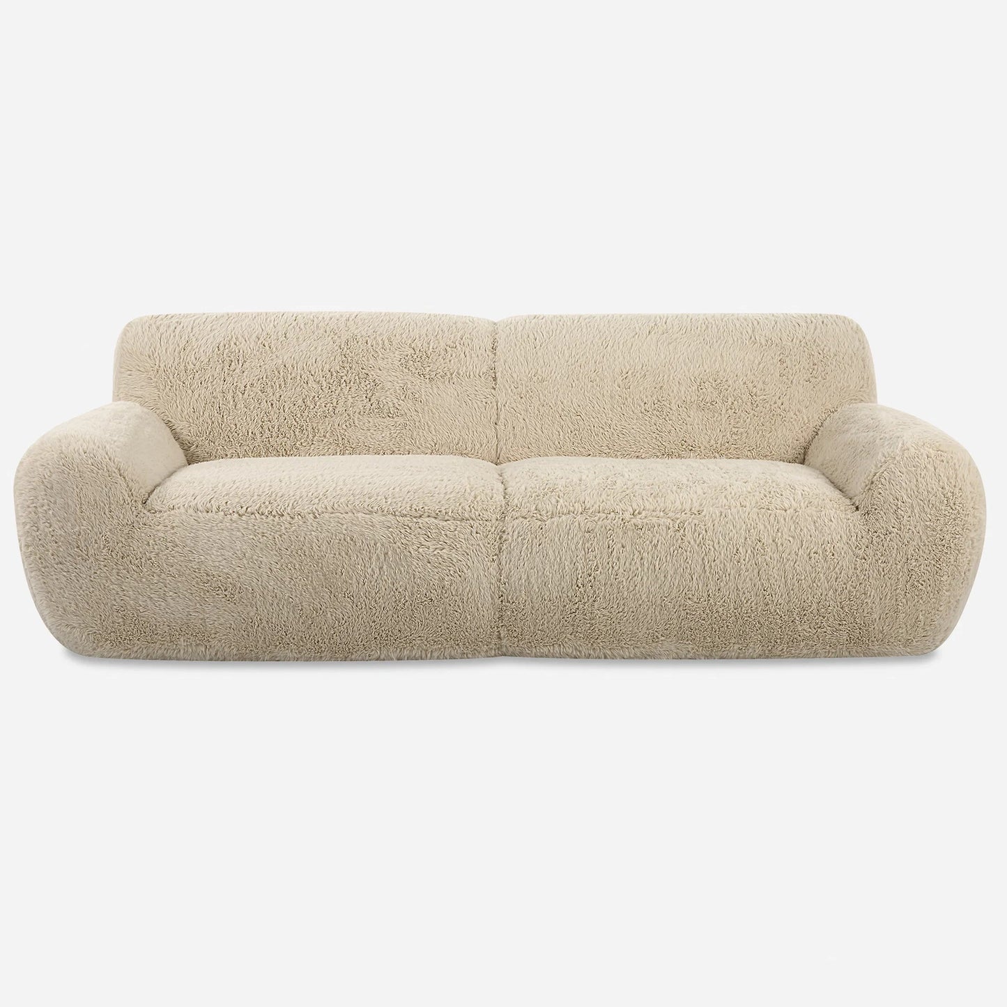 002 SI-2146860 | Primary Silo | Abide Rounded Sheepskin Sofa by Uttermost in caramel. Made from oak, foam, fabric, plywood in a modern style.