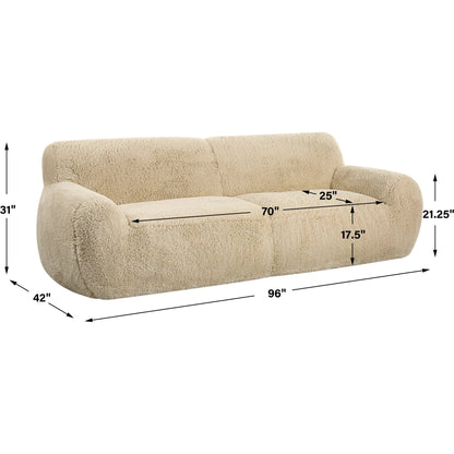Abide Rounded Sheepskin Sofa by Uttermost in caramel. Made from oak, foam, fabric, plywood in a modern style.