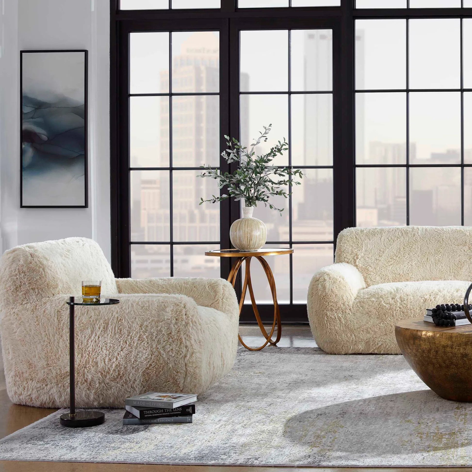 Abide Sheepskin Accent Chair by Uttermost in caramel. Made from fabric, foam, plywood, oak in a modern style.