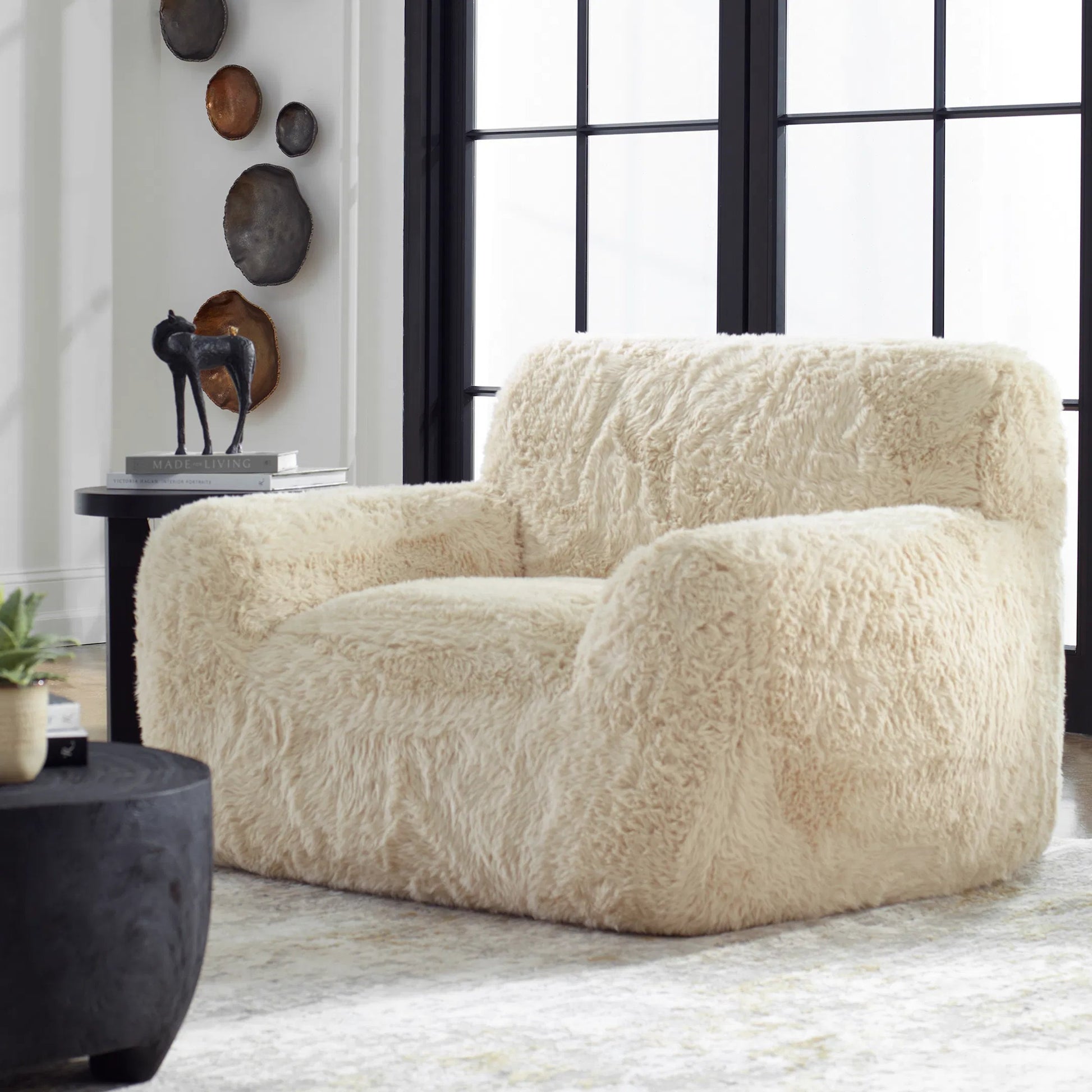 Abide Sheepskin Accent Chair by Uttermost in caramel. Made from fabric, foam, plywood, oak in a modern style.