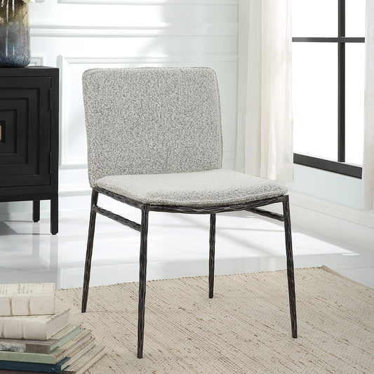 Jacobsen Dining Chair by Uttermost in ivory, warm gray and aged black. Made from iron, fabric, foam, plywood in a modern style.