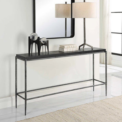 Crescendo Console Table by Uttermost in dark silver. Made from harmmered metal, concrete in a modern style.