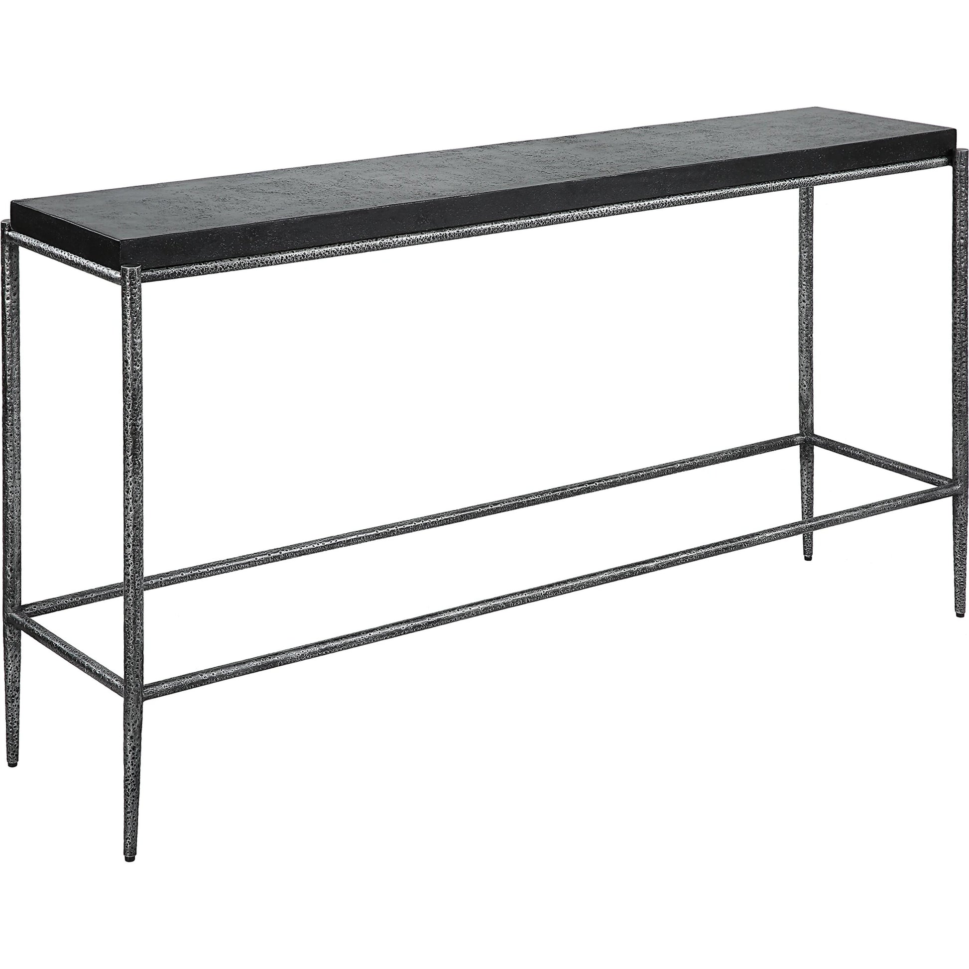 Crescendo Console Table by Uttermost in dark silver. Made from harmmered metal, concrete in a modern style.