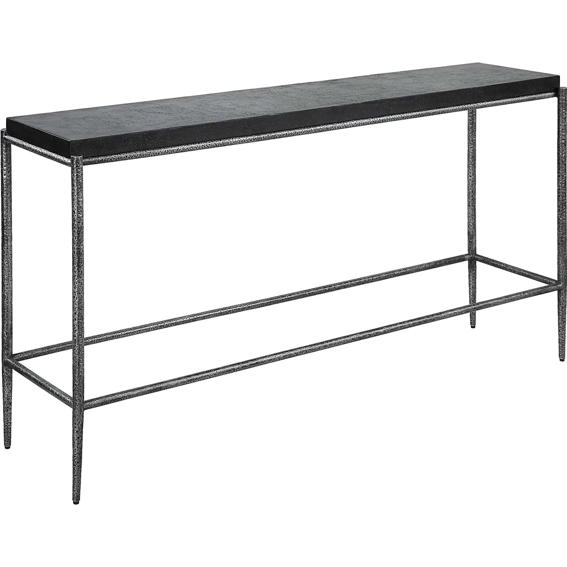 Crescendo Console Table by Uttermost in dark silver. Made from harmmered metal, concrete in a modern style.