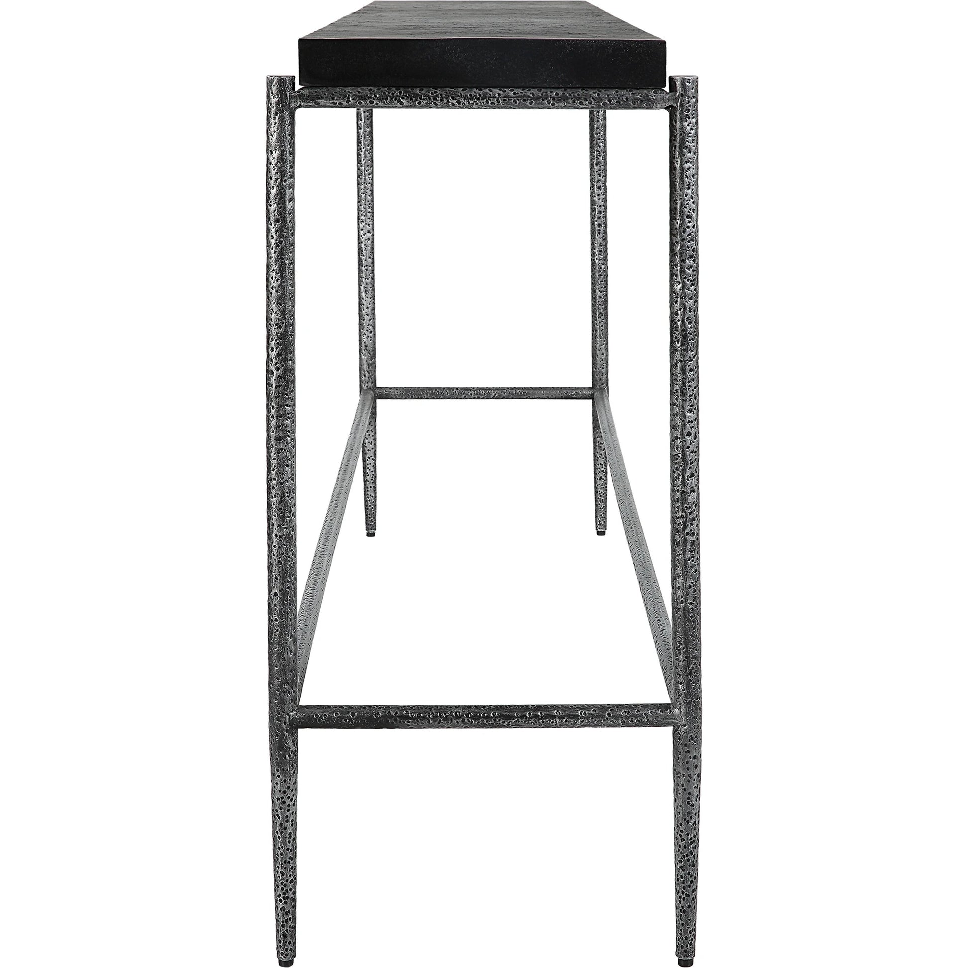 Crescendo Console Table by Uttermost in dark silver. Made from harmmered metal, concrete in a modern style.