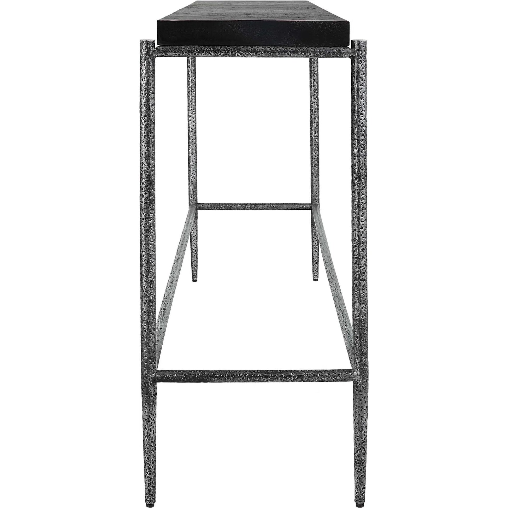 Crescendo Console Table by Uttermost in dark silver. Made from harmmered metal, concrete in a modern style.