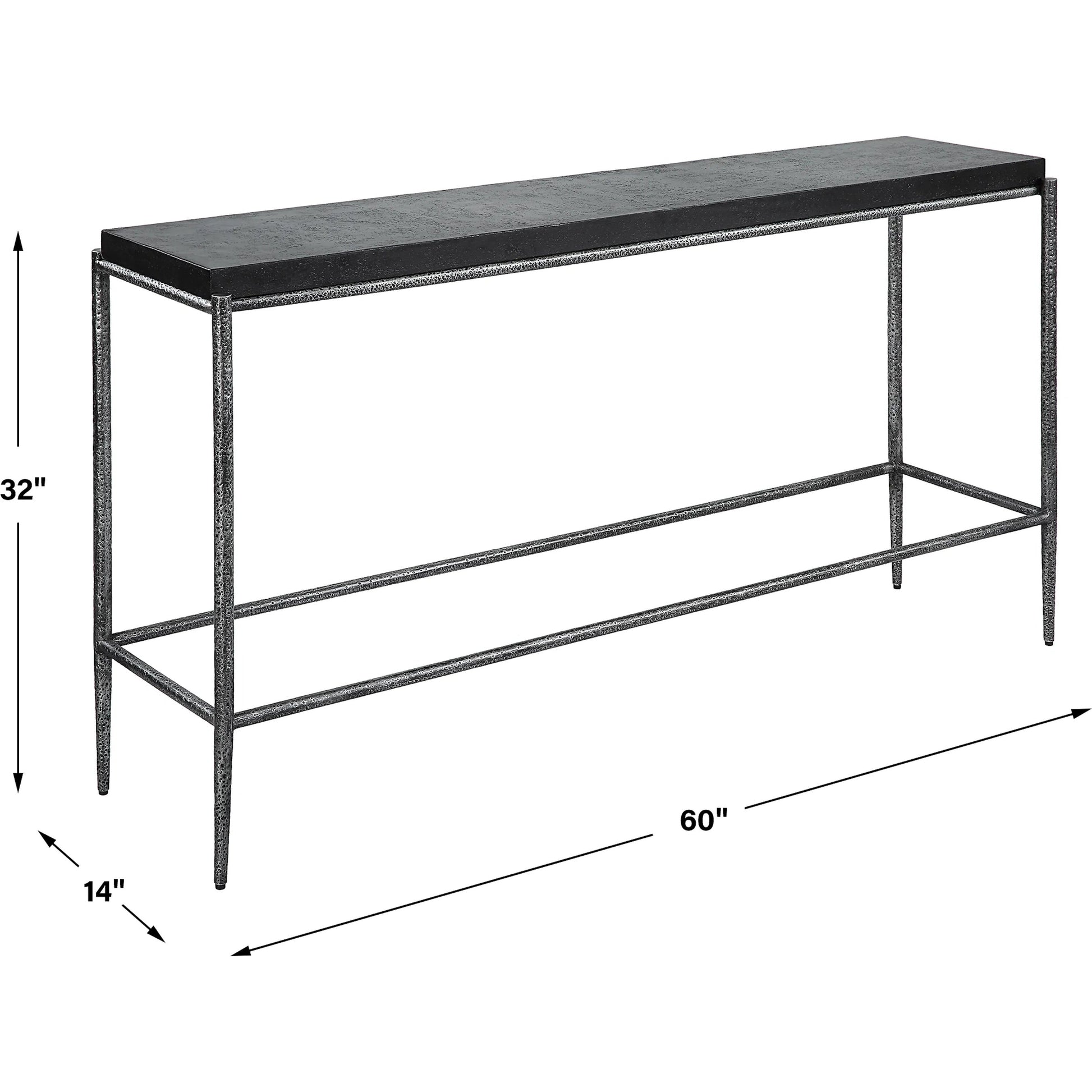 Crescendo Console Table by Uttermost in dark silver. Made from harmmered metal, concrete in a modern style.
