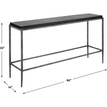 Crescendo Console Table by Uttermost in dark silver. Made from harmmered metal, concrete in a modern style.