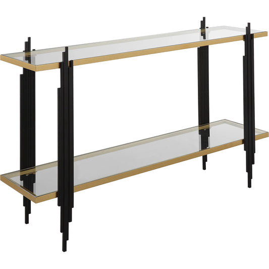 Empire Cityscape Console Table by Uttermost in gold leaf. Made from iron, tempered glass in a modern style.