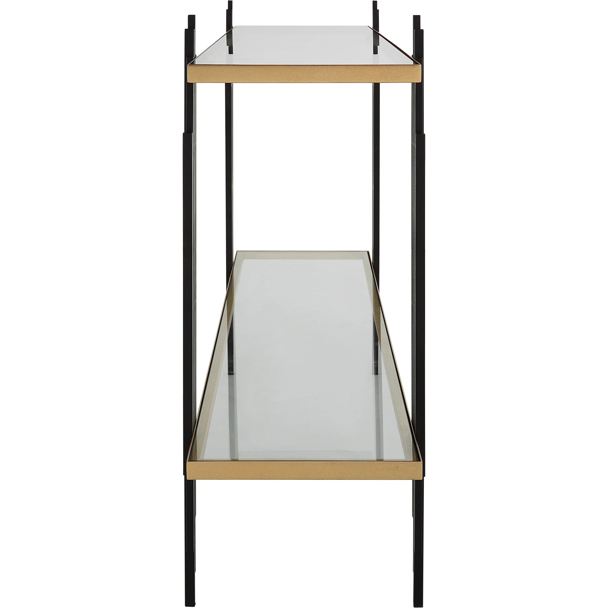 Empire Cityscape Console Table by Uttermost in gold leaf. Made from iron, tempered glass in a modern style.