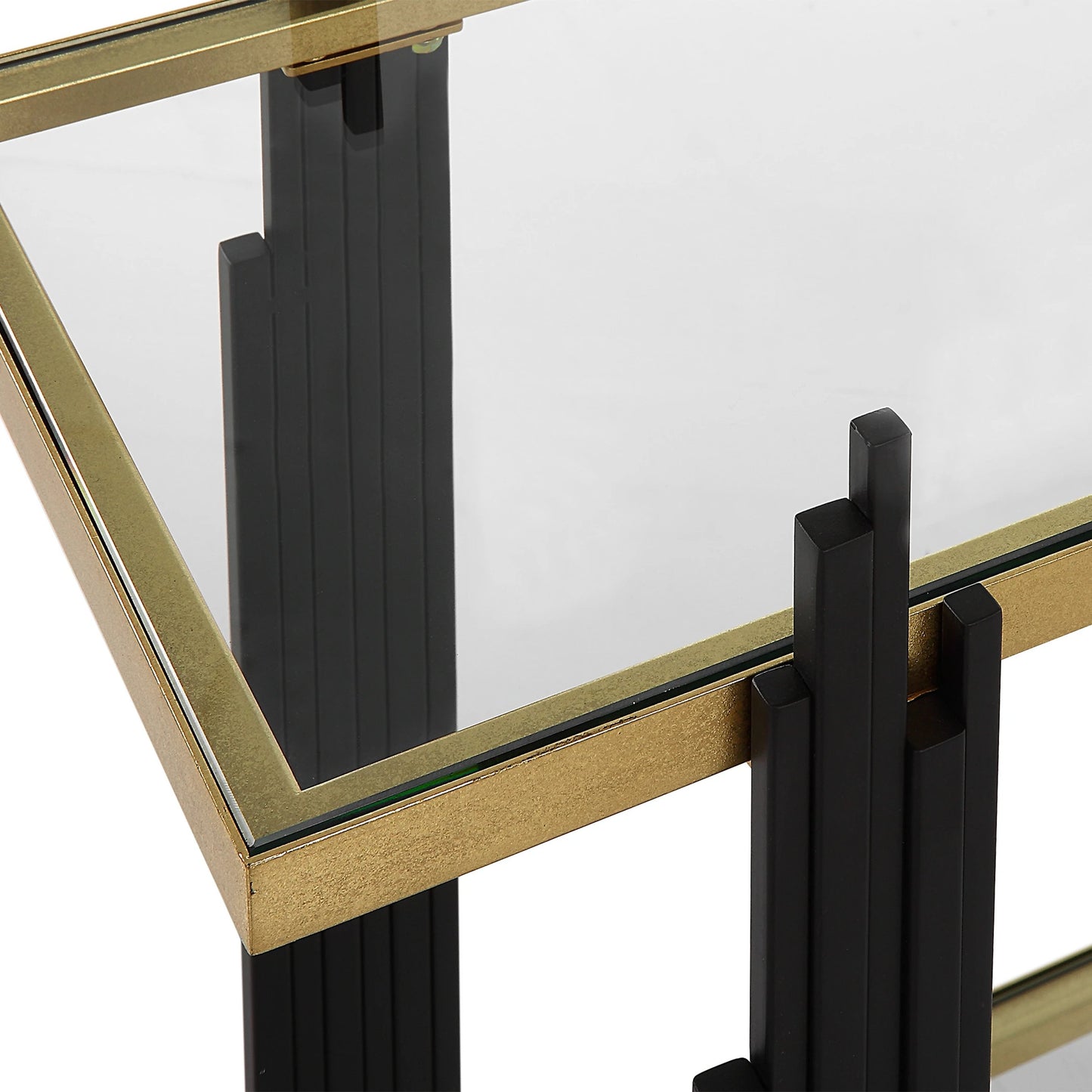 007 SI-2146858 | Closeup | Empire Cityscape Console Table by Uttermost in gold leaf. Made from iron, tempered glass in a modern style.