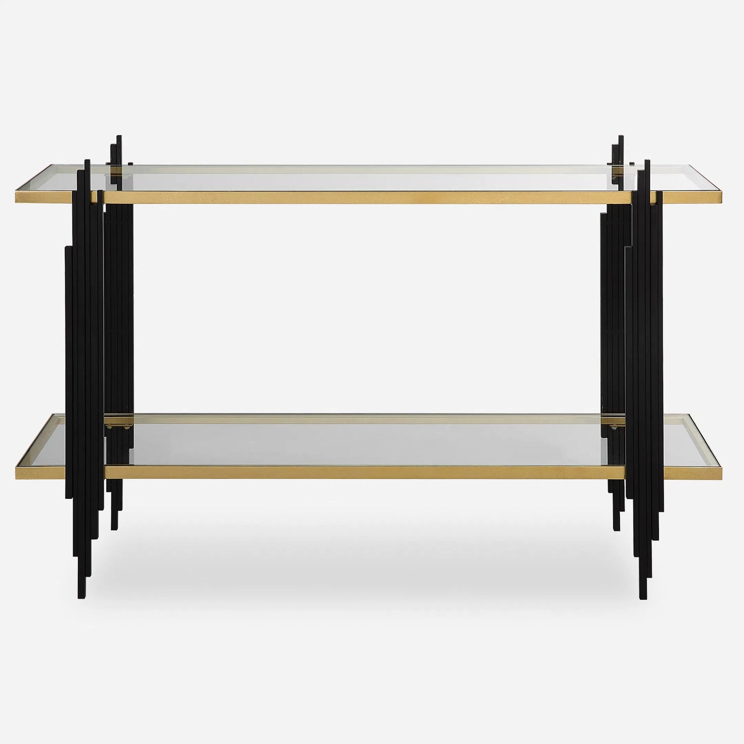 002 SI-2146858 | Primary Silo | Empire Cityscape Console Table by Uttermost in gold leaf. Made from iron, tempered glass in a modern style.