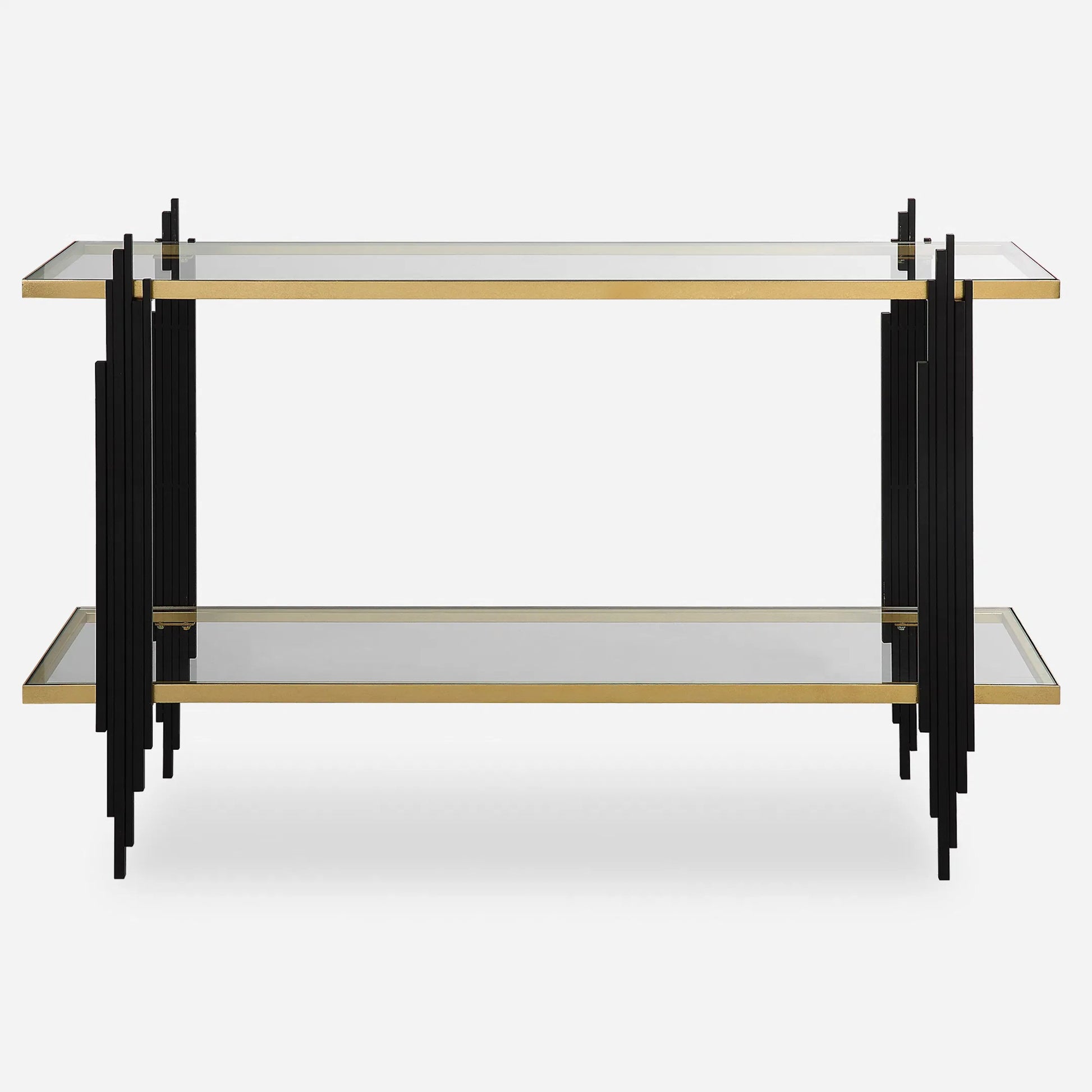 Empire Cityscape Console Table by Uttermost in gold leaf. Made from iron, tempered glass in a modern style.
