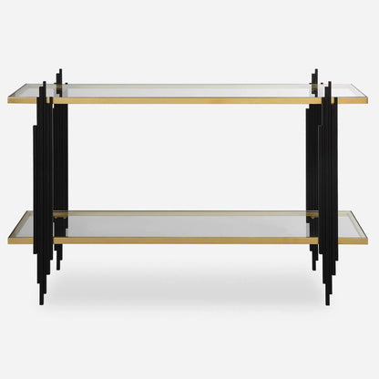 Empire Cityscape Console Table by Uttermost in gold leaf. Made from iron, tempered glass in a modern style.