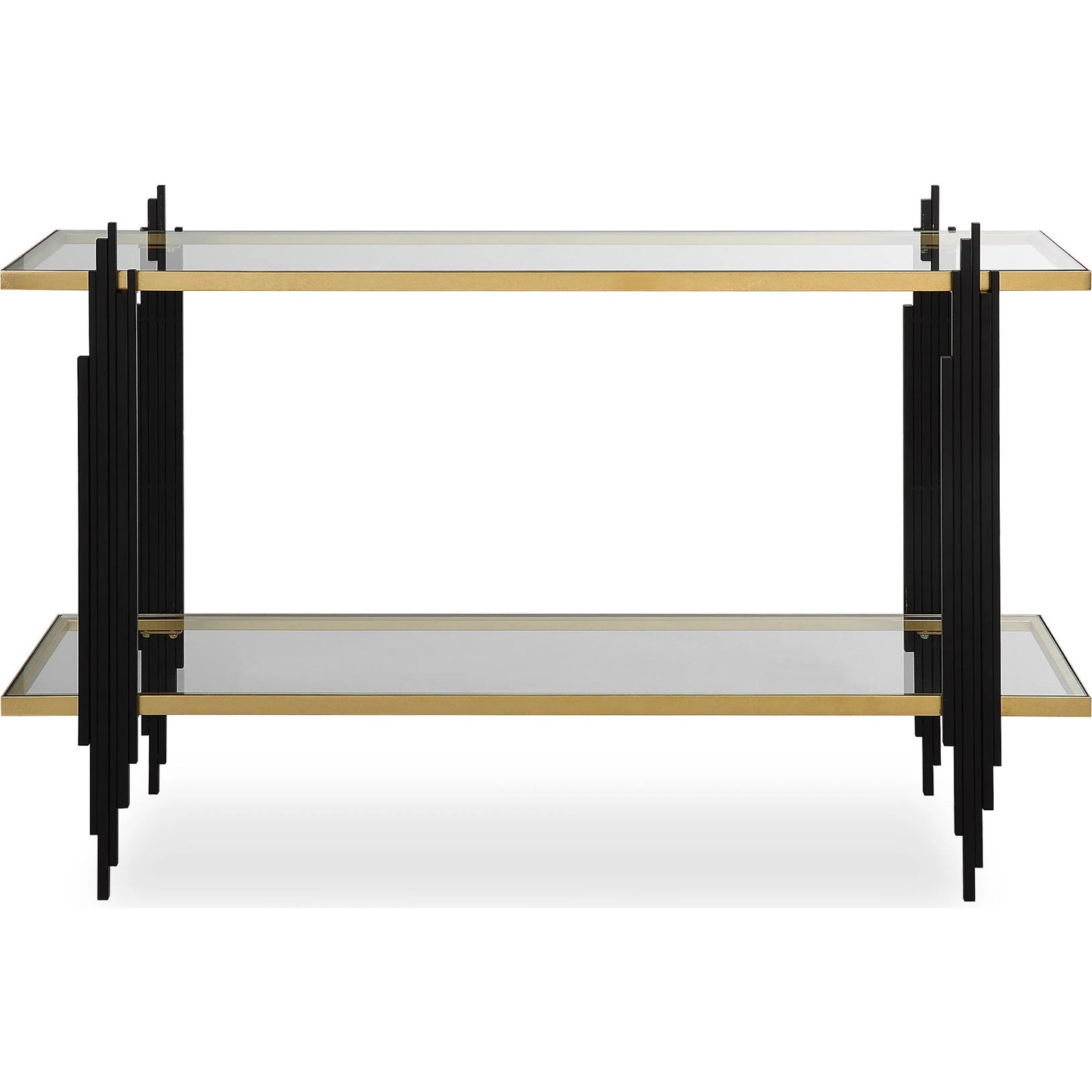 003 SI-2146858 | Primary Silo | Empire Cityscape Console Table by Uttermost in gold leaf. Made from iron, tempered glass in a modern style.