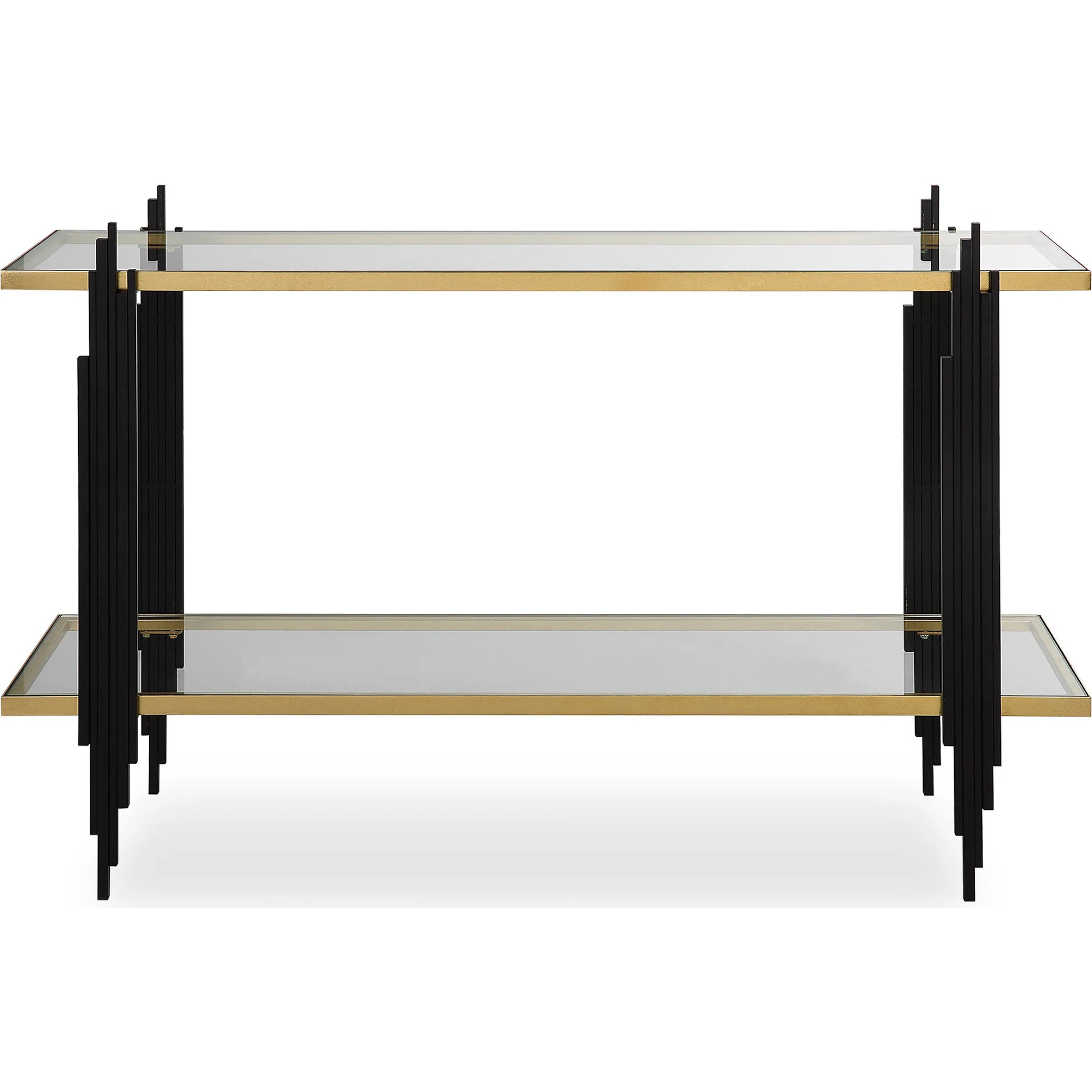 Empire Cityscape Console Table by Uttermost in gold leaf. Made from iron, tempered glass in a modern style.
