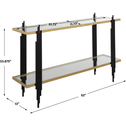 Empire Cityscape Console Table by Uttermost in gold leaf. Made from iron, tempered glass in a modern style.