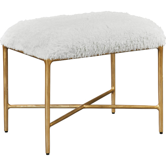 Charmed Sheepskin Bench by Uttermost in gold. Made from wrought iron, plywood, fabric, foam in a modern style.