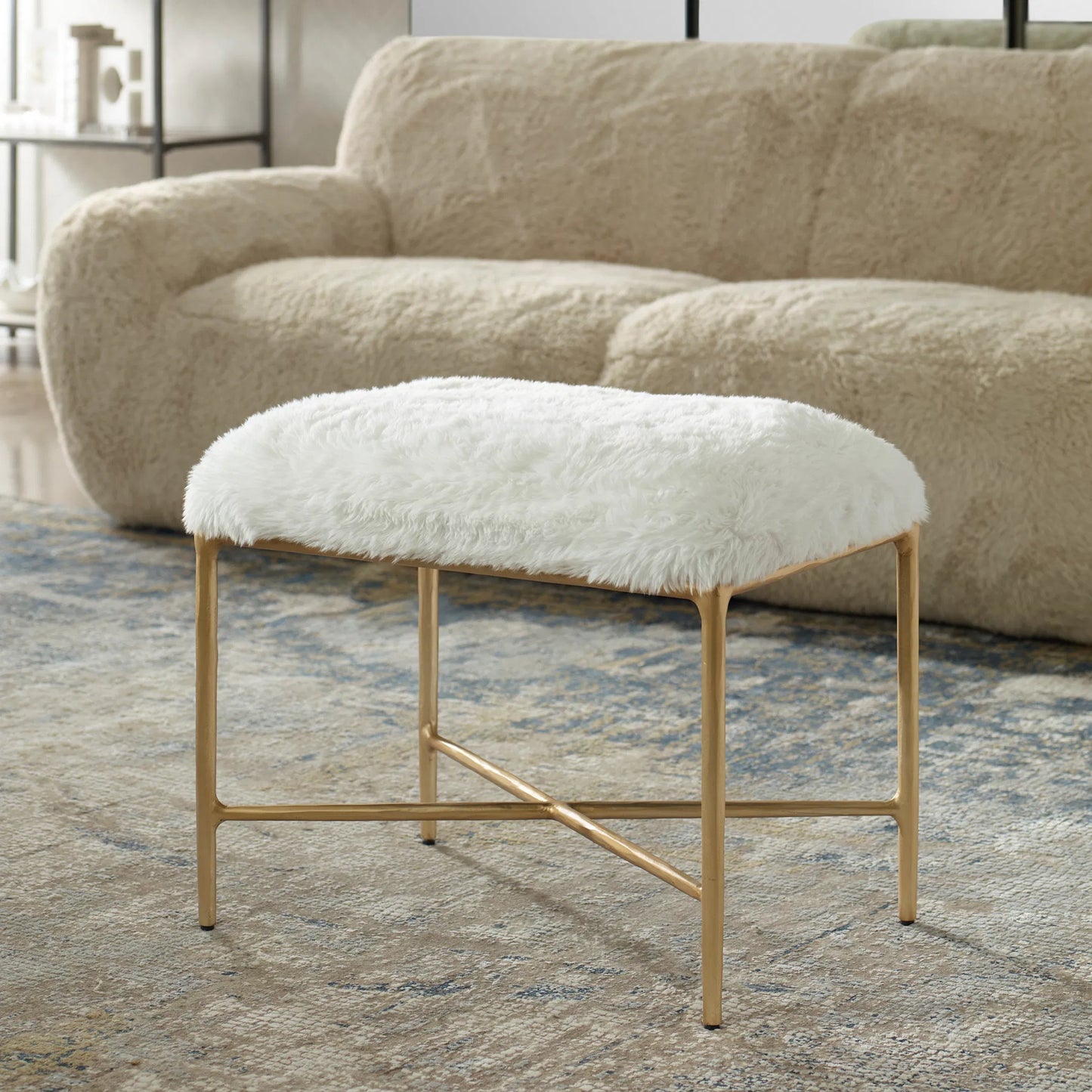 003 SI-2146864 | Lifestyle | Charmed Sheepskin Bench by Uttermost in gold. Made from wrought iron, plywood, fabric, foam in a modern style.
