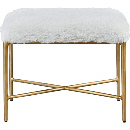Charmed Sheepskin Bench by Uttermost in gold. Made from wrought iron, plywood, fabric, foam in a modern style.