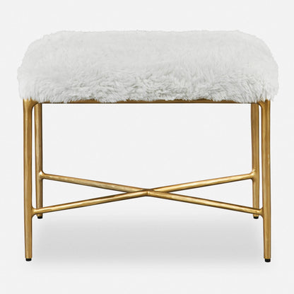 Charmed Sheepskin Bench by Uttermost in gold. Made from wrought iron, plywood, fabric, foam in a modern style.