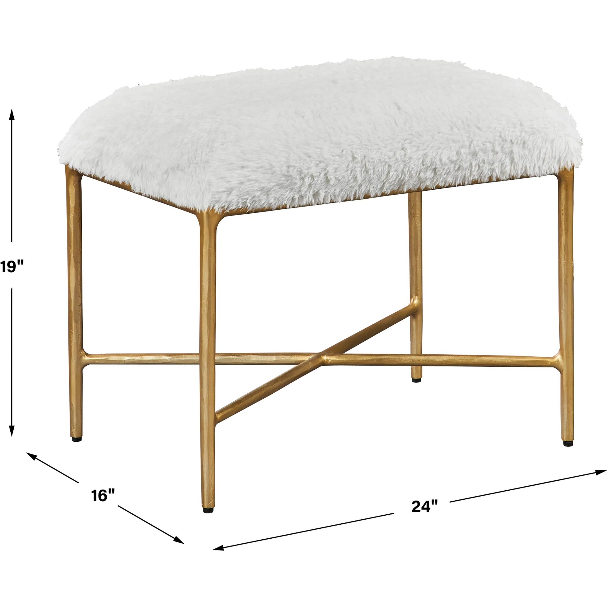 Charmed Sheepskin Bench by Uttermost in gold. Made from wrought iron, plywood, fabric, foam in a modern style.