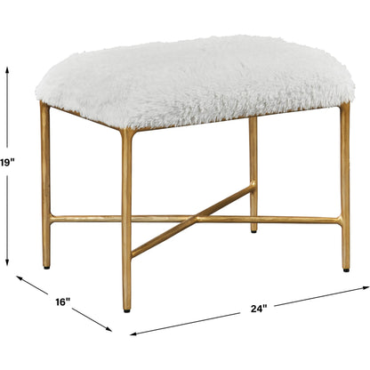 Charmed Sheepskin Bench by Uttermost in gold. Made from wrought iron, plywood, fabric, foam in a modern style.