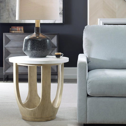 Tatli Top Side Table by Uttermost in ivory. Made from bentwood with limestone resin, plywood in a unique style.