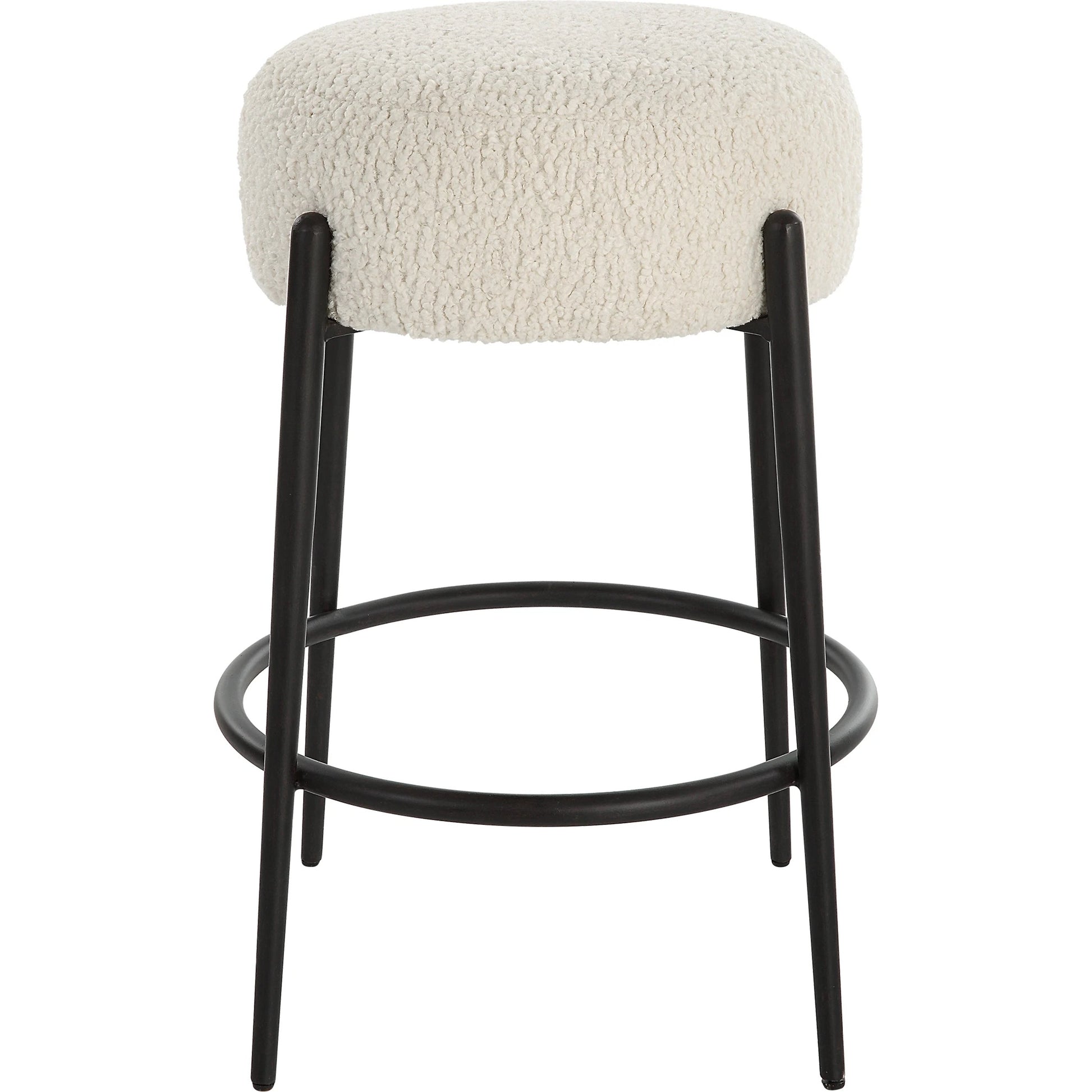 Arles Plush Counter Stool by Uttermost in white and satin black. Made from hardwood, plywood, fabric, metal, foam in a modern style.