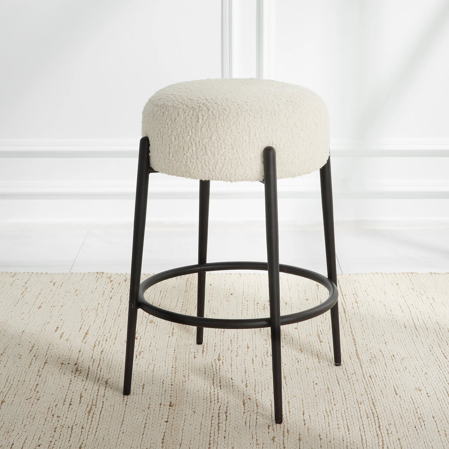 002 SI-2146863 | Additional Silo | Arles Plush Counter Stool by Uttermost in white and satin black. Made from hardwood, plywood, fabric, metal, foam in a modern style.