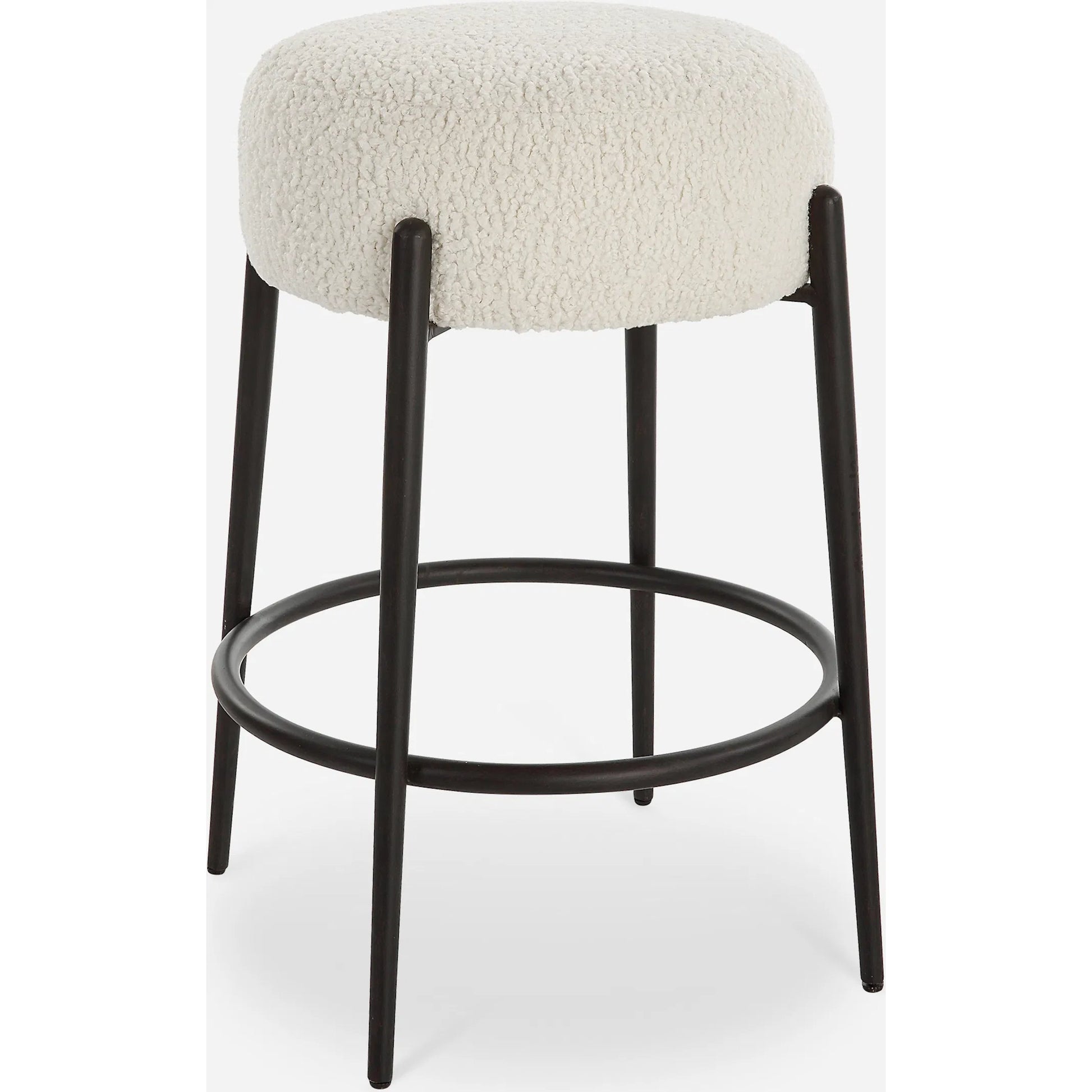 Arles Plush Counter Stool by Uttermost in white and satin black. Made from hardwood, plywood, fabric, metal, foam in a modern style.