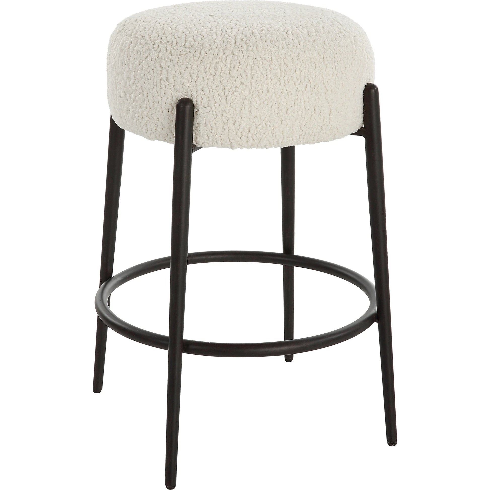 Arles Plush Counter Stool by Uttermost in white and satin black. Made from hardwood, plywood, fabric, metal, foam in a modern style.
