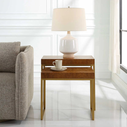 Burl-Esque Nesting Tables (Set of 2) by Uttermost in brass. Made from plywood, stainless steel in a unique style.