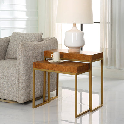 Burl-Esque Nesting Tables by Uttermost in brass. Made from plywood, stainless steel in a unique style.