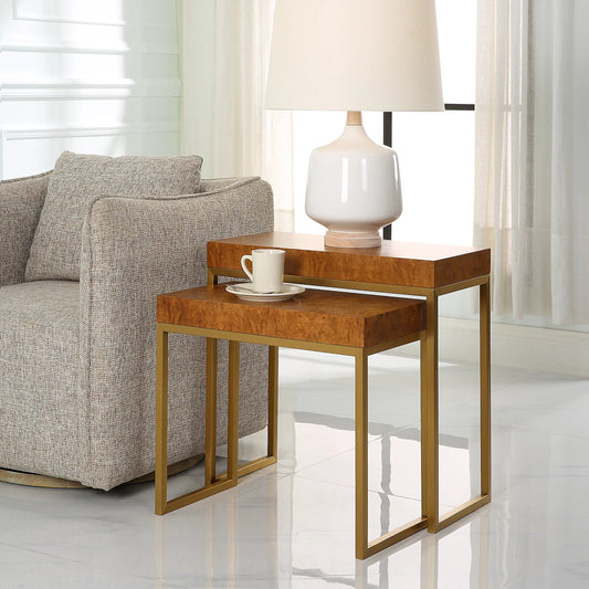 Burl-Esque Nesting Tables by Uttermost in brass. Made from plywood, stainless steel in a unique style.
