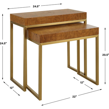 Burl-Esque Nesting Tables by Uttermost in brass. Made from plywood, stainless steel in a unique style.