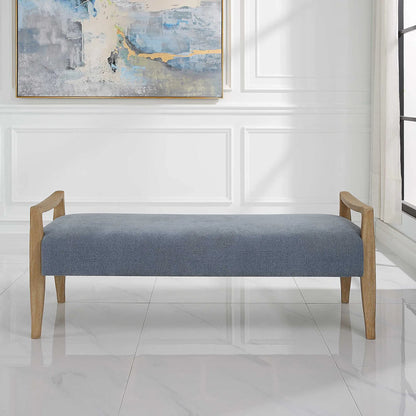 Daylight Sky Bench by Uttermost in blue. Made from rubber wood, plywood, fabric, foam in a unique style.