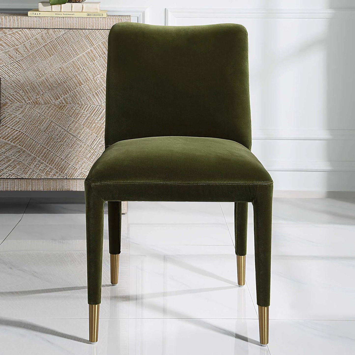 001 SI-2630602 | Lifestyle | Conifer Dining Chair (Set of 2) by Uttermost in green and brass. Made from fabric, foam, plywood, steel in a unique style.
